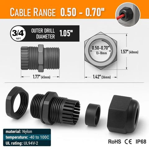 Three Quarter Inch NPT Strain Relief Heavy Duty Nylon Cord Grip Cable Glands Black Plastic Grommets Pack Of 20 Fits One Half To Seven Tenths Inch Cables For Easy Secure Wire Protection And Fast Install with measurements and assembly details.