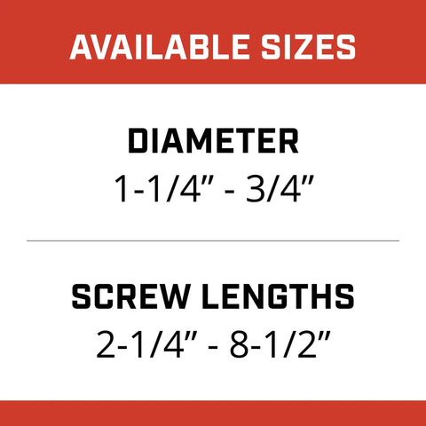 Size chart for Three Quarter Inch Wedge Heavy Duty Concrete Anchors 10 Pack Stainless Steel Built Tough With 360 Degree Contact For Solid Concrete Ideal For Machinery Structural Supports And Sill Plates ICC ESR 2251 Certified showing diameter 1-1/4 to 3/4 inches and screw lengths 2-1/4 to 8-1/2 inches