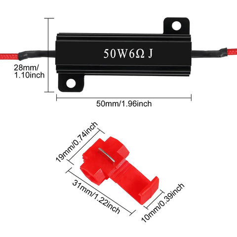 4 Pack 50W 6 Ohm LED Load Resistors For Turn Signals Stop Hyper Flash And Error Codes With Eight Quick Wire Connectors Black Durable Build For Quick Easy Do It Yourself Install And Long Lasting Performance. Close-up view showing dimensions.