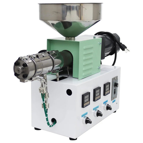 Badass Single Screw Extruder Desktop Machine For Custom 3D Printer Filament Production With Precision Heating And Smooth Plastic Output For Abs Pla Petg Tpu Tpe Peek Pcl Using One Inch Diameter And 110 Volt Power For Solid Continuous Extrusion, showing the extruder's stainless steel funnel and motor.