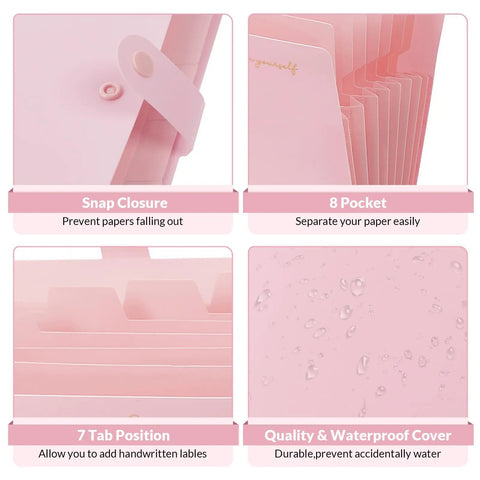 Pink 8 Pocket Expanding File Folder Accordion Organizer details with snap closure, 8 pockets, tab positions, waterproof cover