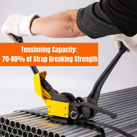 Heavy Duty Sealless Steel Strapping Tool Manual 3In1 Tensioner Crimper Cutter, securing metal bands on steel pipes.