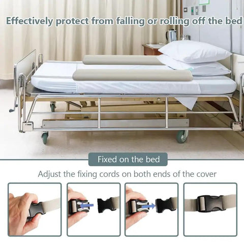 Inflatable Bed Rail Bumpers 2 Pack Anti Fall Guard For Elderly Bed Edge Safety, fixed on hospital bed, close-up of strap adjustment.