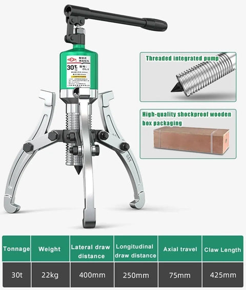 Heavy Duty 30 Ton Hydraulic Puller And Wheel Bearing Separator With Two Or Three Adjustable Jaws For Vertical And Horizontal Shop Jobs Built Tough Gear That Pries Off Stubborn Bearings Without Breaking A Sweat displayed with specifications and packaging details.