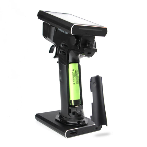 Back view of Noble NB4 Plus 2.4GHz 8 Channel RC Transmitter showing battery compartment and port for USB charging