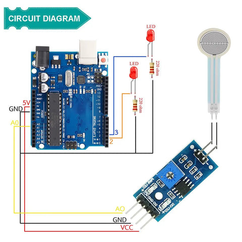 Circuit diagram with Arduino board, Thin Film Pressure Sensor FSR402 for DIY Arduino Projects, and linear voltage module.