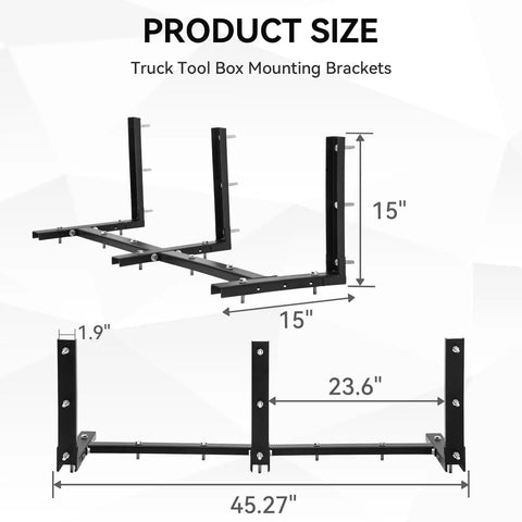 Product image showing Badass Underbody Truck Box Brackets 15x15 Mount Kit 3 Pack with dimensions on a black background.