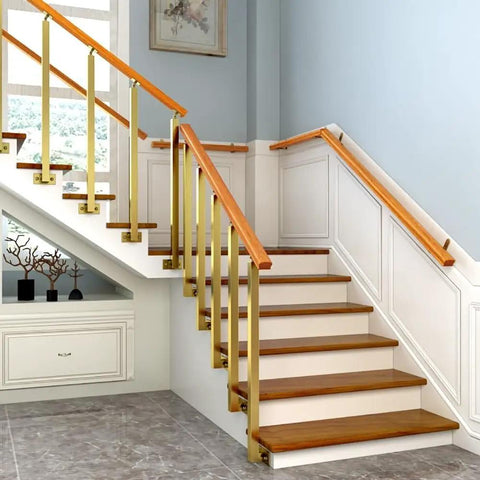 Rock Solid Gold Stair Railing Balusters With Heavy Duty Side Mount Posts And Flexible 270 Degree Adjustable Bracket For Outdoor Deck Porch Fencing No Sweat Setup Top Shelf Quality Kit Included installed on wooden stairs.
