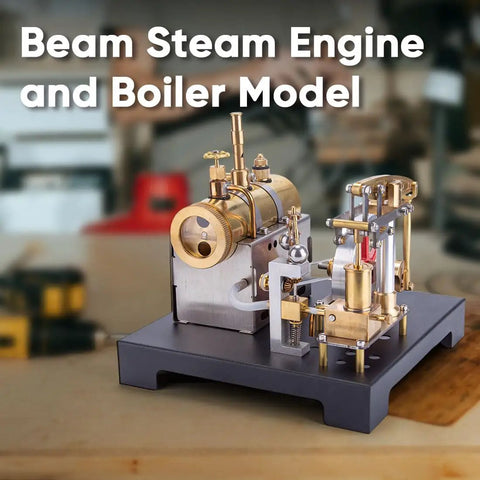 Full Metal Beam Steam Engine Kit With Horizontal Boiler, A Hands-On Desktop Powerhouse Project For Kids And Adults, 85-Piece DIY Science Set, Steam-Powered Learning Toy, Educational Gift on a black base