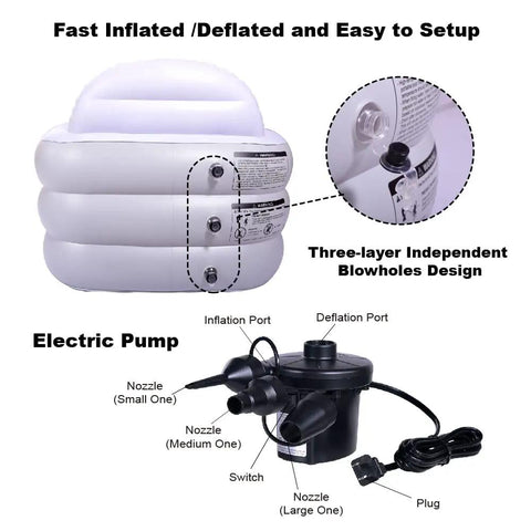 Portable Bath Tub For Adults With Backrest, 65 By 34 By 28 Inches, Foldable Spa Bath Tub With Pump showing blowholes and electric pump