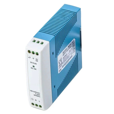 Workhorse Industrial 5V 2A DIN Rail Power Supply With 10W Output, fanless blue-and-white DIN rail module