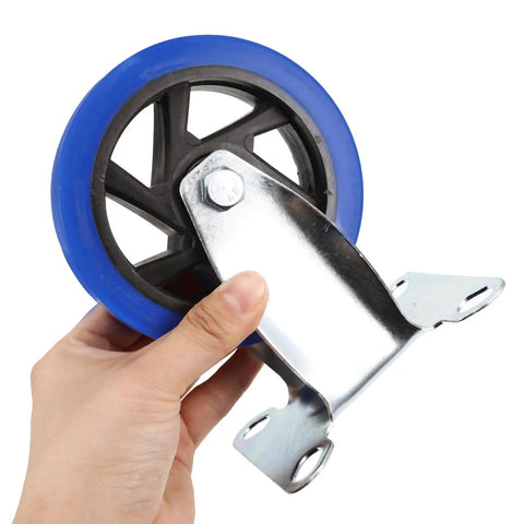 Heavy Duty Five Inch Fixed Workbench Caster Wheels With Premium Black Rubber Tires For Rock Solid Industrial Cart Rolling And Dead Quiet Smooth Glide, shown with a steel mount and blue rubber tire.