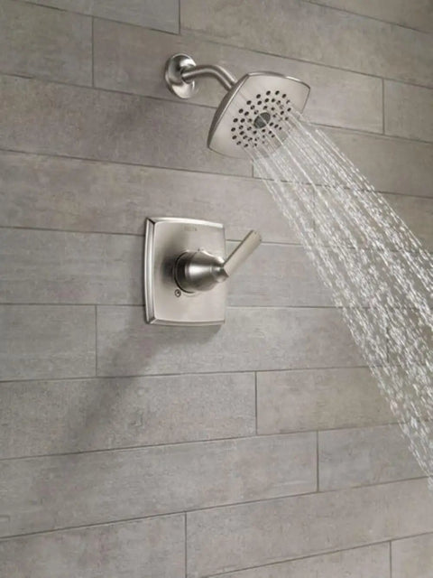 Ashlyn 14 Series Brushed Nickel Shower Trim Kit With Head And Handle Set Stainless T14264 SS spraying water in modern bathroom