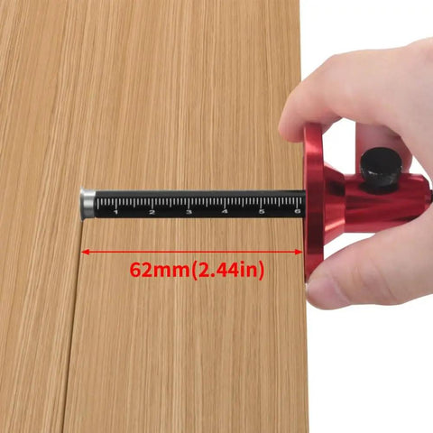 No Fuss Aluminum Wheel Marking Gauge With Quick Knurled Dial And Dual Scale Markings Pro Woodworking adjuster measuring 62mm on wood.