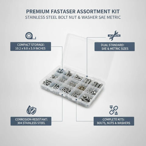 Stainless Steel Hex Head Bolts Nuts And Washers Kit With SAE And Metric Fasteners in open case with compartments.