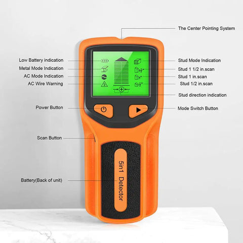 5 in 1 Wall Stud Finder Sensor with Backlit Display showing controls and screen indications in orange and black design.