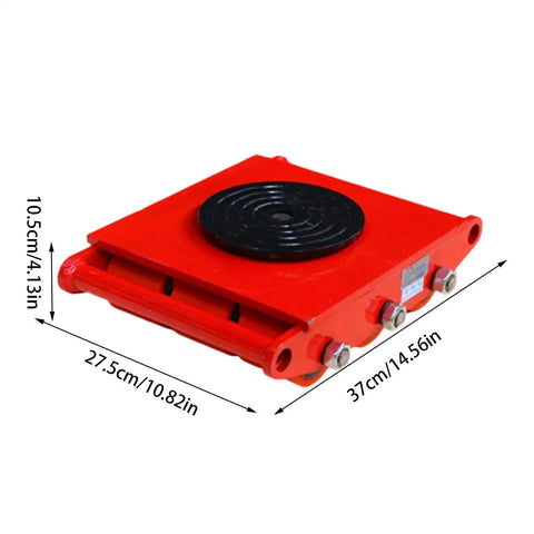Heavy Duty Mechanical Moving Skates With Reinforced Steel Rollers For Shifting 15 Ton Equipment, red steel base, dimensions shown.