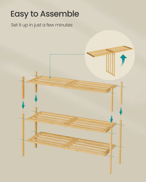 Heavy Duty Bamboo Shoe Rack Three Tier Stackable Shoe Organizer assembly instructions showing easy setup process.