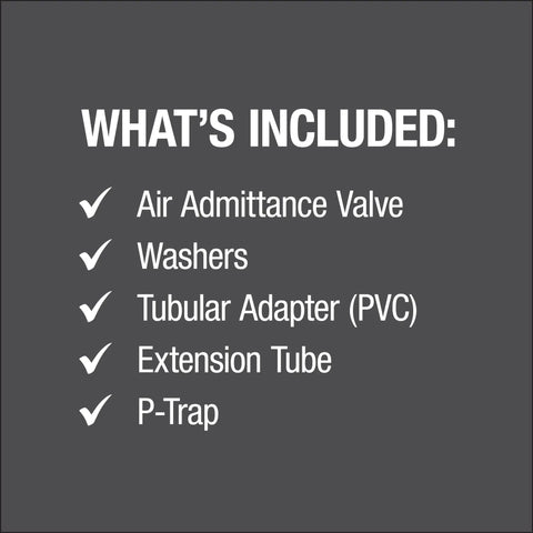 Image showing components included: Air Admittance Valve, Washers, tubular adapter, extension tube, P-Trap. Top Tier Air Admittance Valve Trap Pack Perfect For Island Sinks And Remote Bathrooms Acts As A Great Secondary Vent Replacement For Dwv Systems Delivers A Plug And Play Install That Works Like A Charm Leaves Drain Headaches Far Behind.