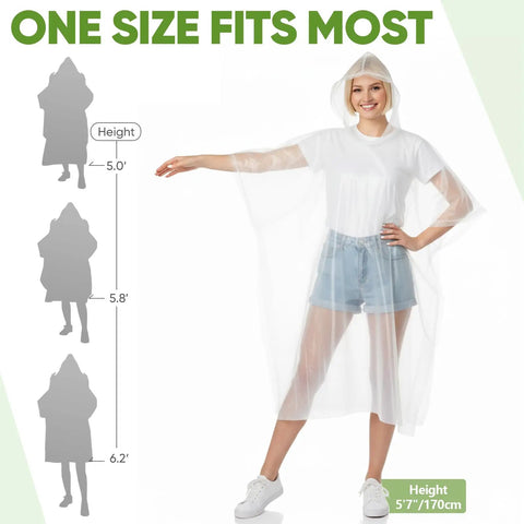 Disposable Rain Ponchos For Adults Ultra Lightweight And Durable Waterproof Lifesaver Rain Gear In Clear Color shown on model