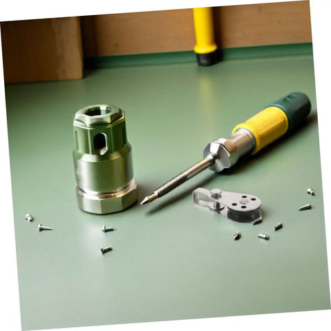 Stainless Steel Single Pulley Block Set For Rope Sailing Kayak Boat Hardware with screws and screwdriver on green surface.