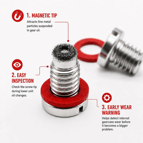 Beefy Stainless Steel Lower Unit Magnetic Drain And Vent Plug Kit With Red Gaskets For Outboard Gearcase close-up of magnetic screw.