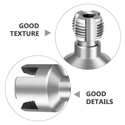 DIY Pro Grade Dual Function PVC Pipe Threading Tool Kit For External And Internal Threads, Fits One Half Inch And Three Quarter Inch Plastic Tubes, Easy Switch, Great For Home Repairs And Industrial Projects. Metal threading tool close-up showing internal and external cuts.
