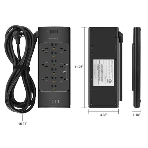 Ultimate Home Office Power Strip With USB Ports And 12 Outlets And 4 USB Chargers, 2700 Joules, 15 Foot Cord, Black, dimensions shown