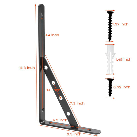 Heavy Duty Stainless Steel Shelf Brackets Rock Solid L Brackets For Wall Mounted Wood Shelves Rust Proof Garage Storage Support Black Metal Kit No Coating 11.8 inch by 9.4 inch bracket with measurements.