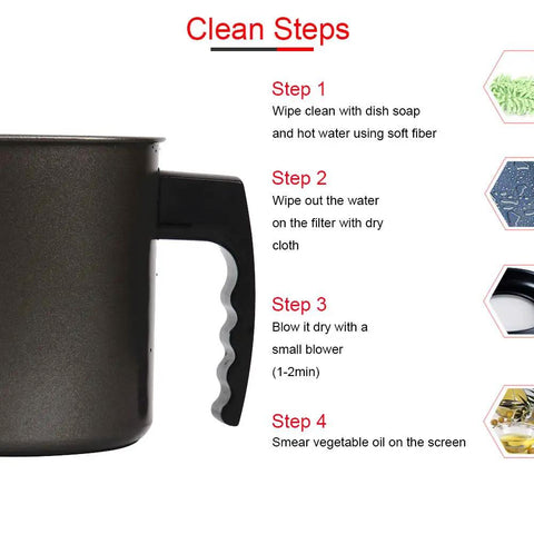 Sizzlin Bacon Grease Catcher With Fine Mesh Filter Seven Cup Heavy Duty Iron Fat Jar Nonstick Coating cleaning steps infographic.