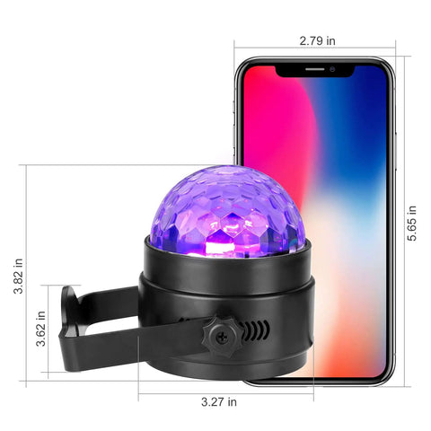 Black Light UV Disco Ball LED Party Light 6W Sound Activated with Remote Control next to smartphone for size comparison.