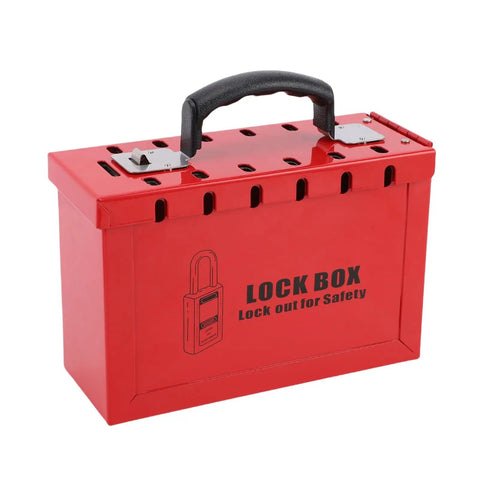 Heavy Duty Portable Group Lockout Box With 12 Piece Padlocks And 24 Keys Built Like A Tank For Industrial Sites Keeping Crew Safe And Gear Locked Down Tight Always in bright red color with a sturdy handle.