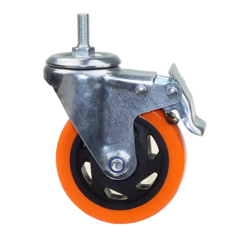 Heavy Duty Four Inch Orange Stem Caster Wheels M10 Thread Dual Locking Swivel for a workbench, close-up view showing locking mechanism.