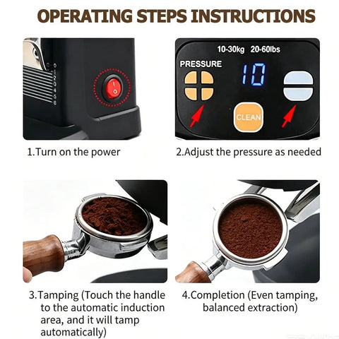 Operating steps for 58 Millimeter Automatic Espresso Tamper Featuring Adjustable Depth And Steady Pressure Settings.
