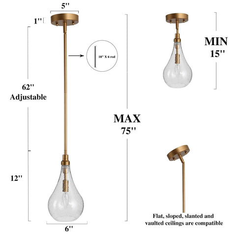 Gold Glass Pendant Light For Kitchen Island, Bedroom, Dining Room, Entryway, Sink, And Breakfast Nook With Seeded Teardrop Shade