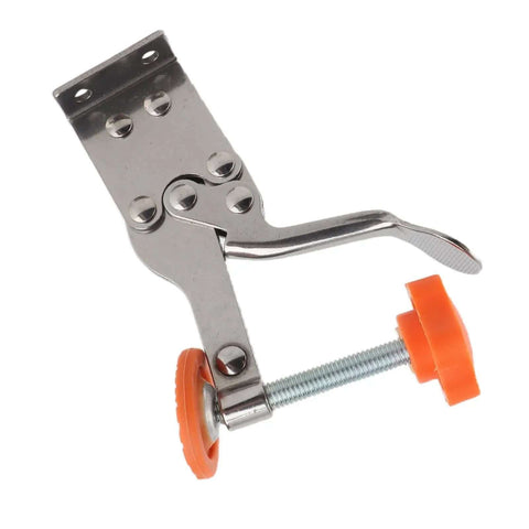 Vertical Toggle Clamp in Stainless Steel with no-slip grip, ideal for woodworking and cabinetry, shown with durable orange case.