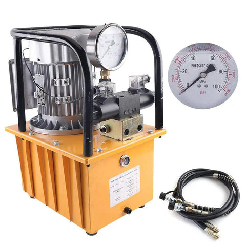 Heavy Duty 750W Electric Hydraulic Pump 110V Double Acting Solenoid Valve 10000 Psi With 7L Oil Reservoir showing motor, pressure gauge, and fittings.