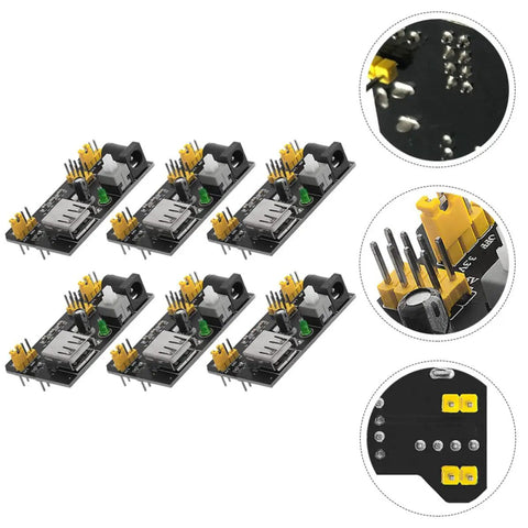 Portable Breadboard Power Supply Module 6.5 To 12V Input With 3.3V And 5V Outputs For MB102 Style Breadboards 6 Pack USB DC Regulator, six black PCB modules
