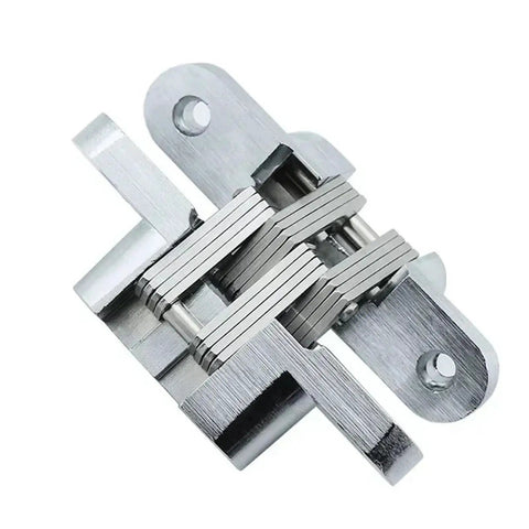 Heavy Duty Concealed Barrel Hinges With Soft Close Damping, stainless steel, shown at angle, 180 degree pivot, for gates and wooden boxes.