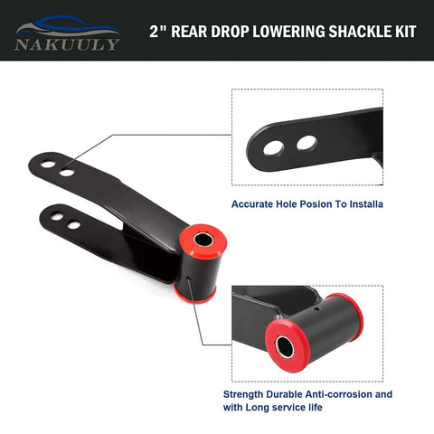 2 Inch Rear Drop Lowering Shackle Suspension Kit For Chevy GMC C1500 C2500 And Silverado Sierra 1500 1988-1999 C1500/C2500 1999-2018 Silverado Sierra 1500 Bolt-On Ready Direct Replacement Replaces 410520, black steel body with red bushings, close-up on bolt holes.