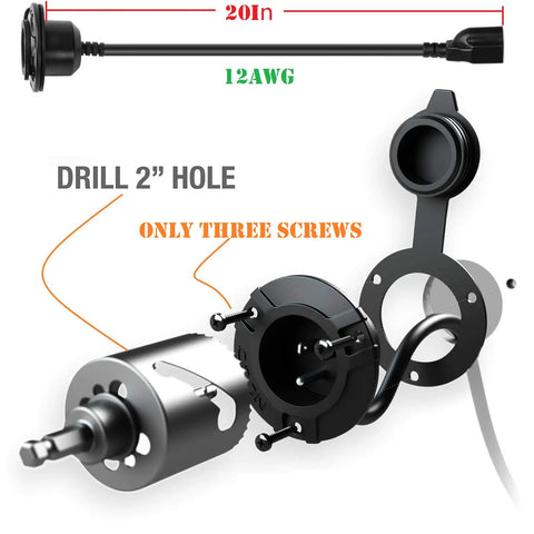 No Sweat Waterproof Rv Shore Power Inlet With Integrated 16 Inch Extension Cord 15 Amp 125 Volt AC port with assembly details.