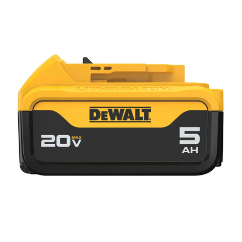 Side view of 20 Volt Max XR Lithium Ion Battery 5Ah With LED Charge Indicator for tools DCB205 compatible, yellow and black design.