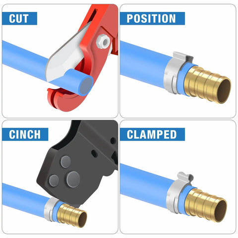 One Hand Ratchet PEX Cinch Clamp Tool For Stainless Steel Clamp Rings Clamps 3/8, 1/2, 5/8, 3/4, 1 Inch PEX Tubing operation sequence
