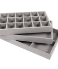 Three Piece Multi Grid Jewelry Organizer Trays Featuring Earring Stands Necklace Display Plates And Soft Velvet Ring Inserts To Make Sorting Your Bling A Breeze For Home Or Showroom Use, grey velvet trays with compartments.