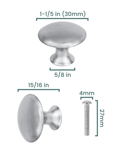 Premium Brushed Nickel Cabinet Drawer Knobs 30 Piece Set dimensions showing 30mm knobs and included mounting screw for easy installation.