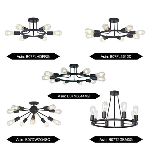Various designs of 8 Light Sputnik Ceiling Light In Black Metal Modern Industrial Chandelier With Semi Flush Mount Vintage Style Lighting Fixture For Kitchen Island, Dining Room, Foyer, And Bedroom Dope Vibe on display.
