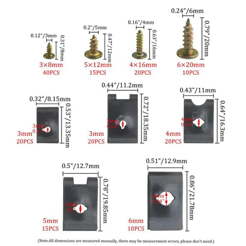 Road Ready 170 Piece U Clip And Screw Kit Black Zinc Plated Pan Head Screws dimensions and quantities with sizes for auto interior use.
