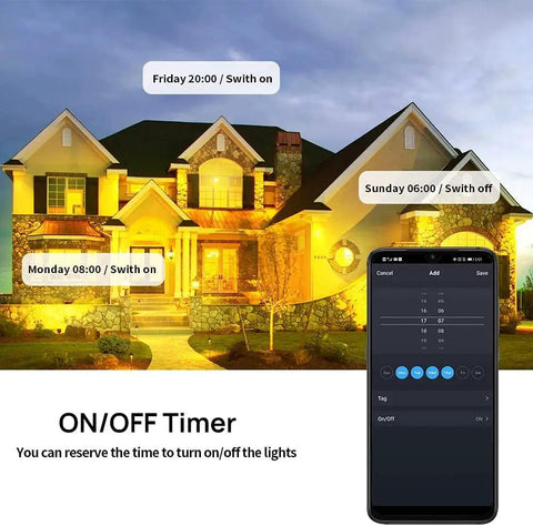 Smart Outdoor Motion Security Light 30W With WiFi App Control illuminating house with timer settings in app display