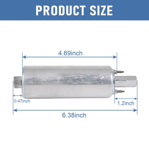 Beefed Up External Inline Fuel Pump Kit With High Flow 255 LPH Performance dimensions shown with length and width measurements