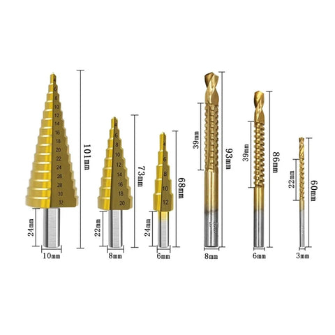 Premium 6Pc Step Drill Bit Set With Titanium Coating For Iron Wood And Metal, Huge Range From 3mm To 32mm To Punch Perfect Holes Like A Boss Without Breaking A Sweat. six gold step bits shown with size markings, 3mm to 32mm
